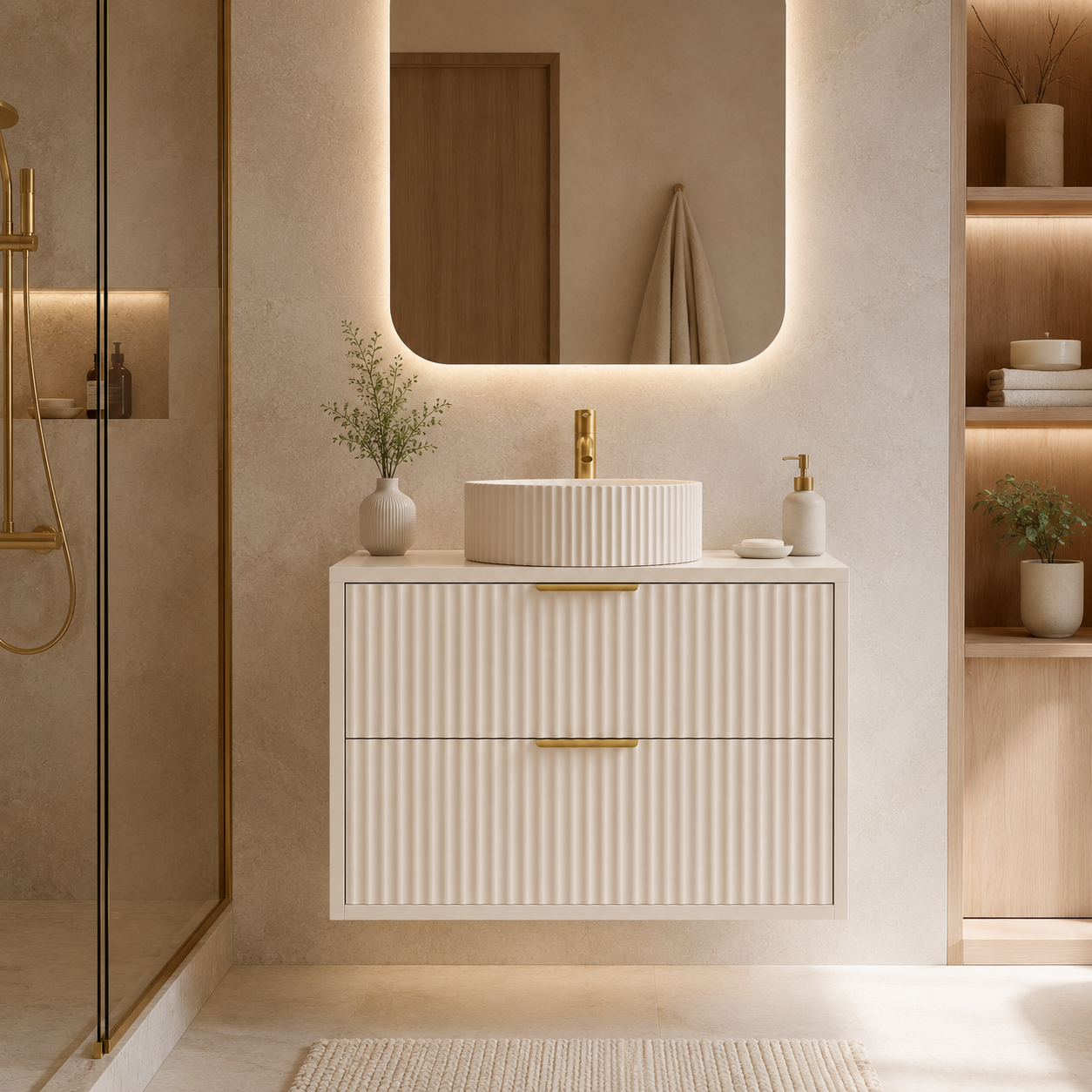 600mm Fluted Wall-Hung Vanity Unit with Worktop, Art Basin & Tap