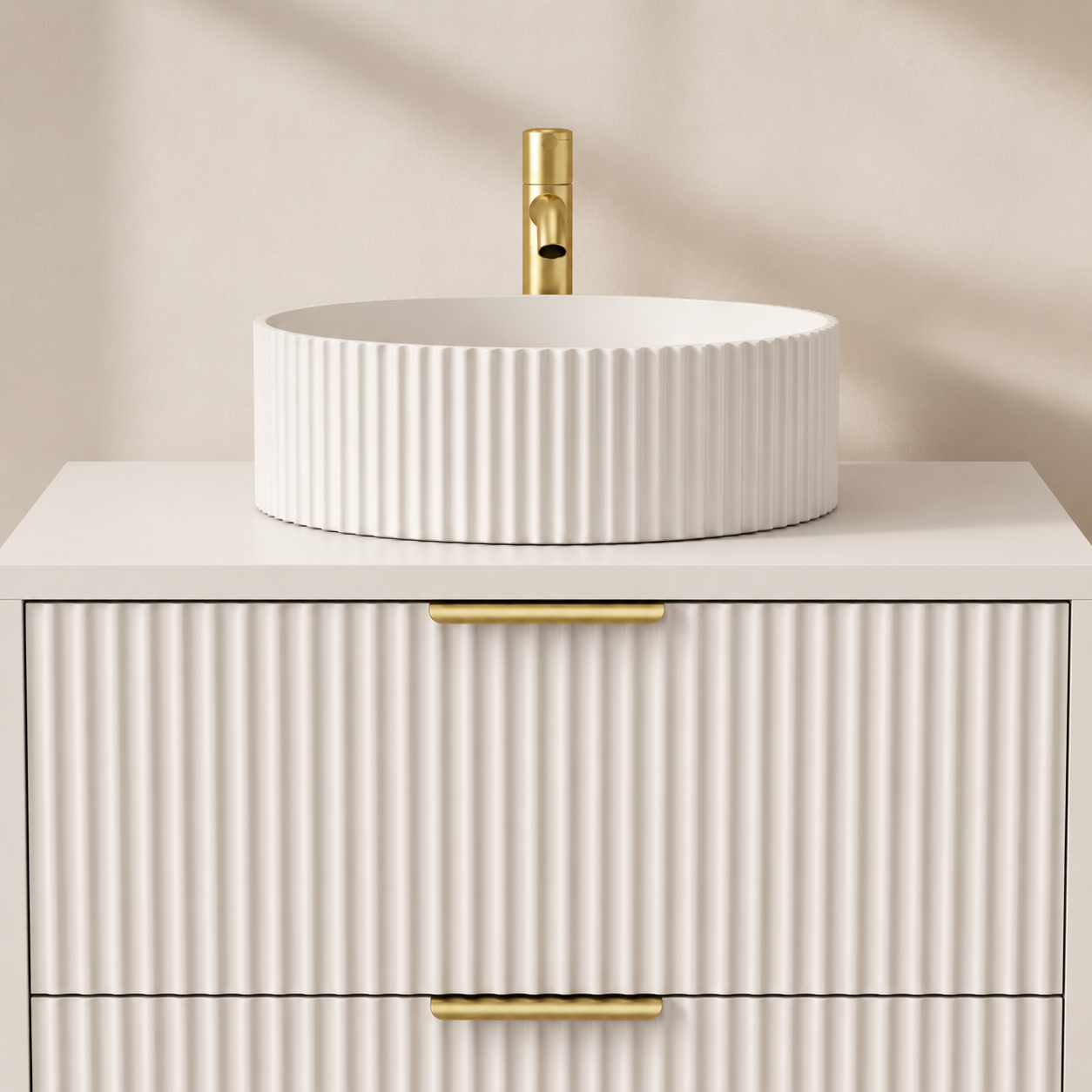 600mm Fluted Wall-Hung Vanity Unit with Worktop, Art Basin & Tap