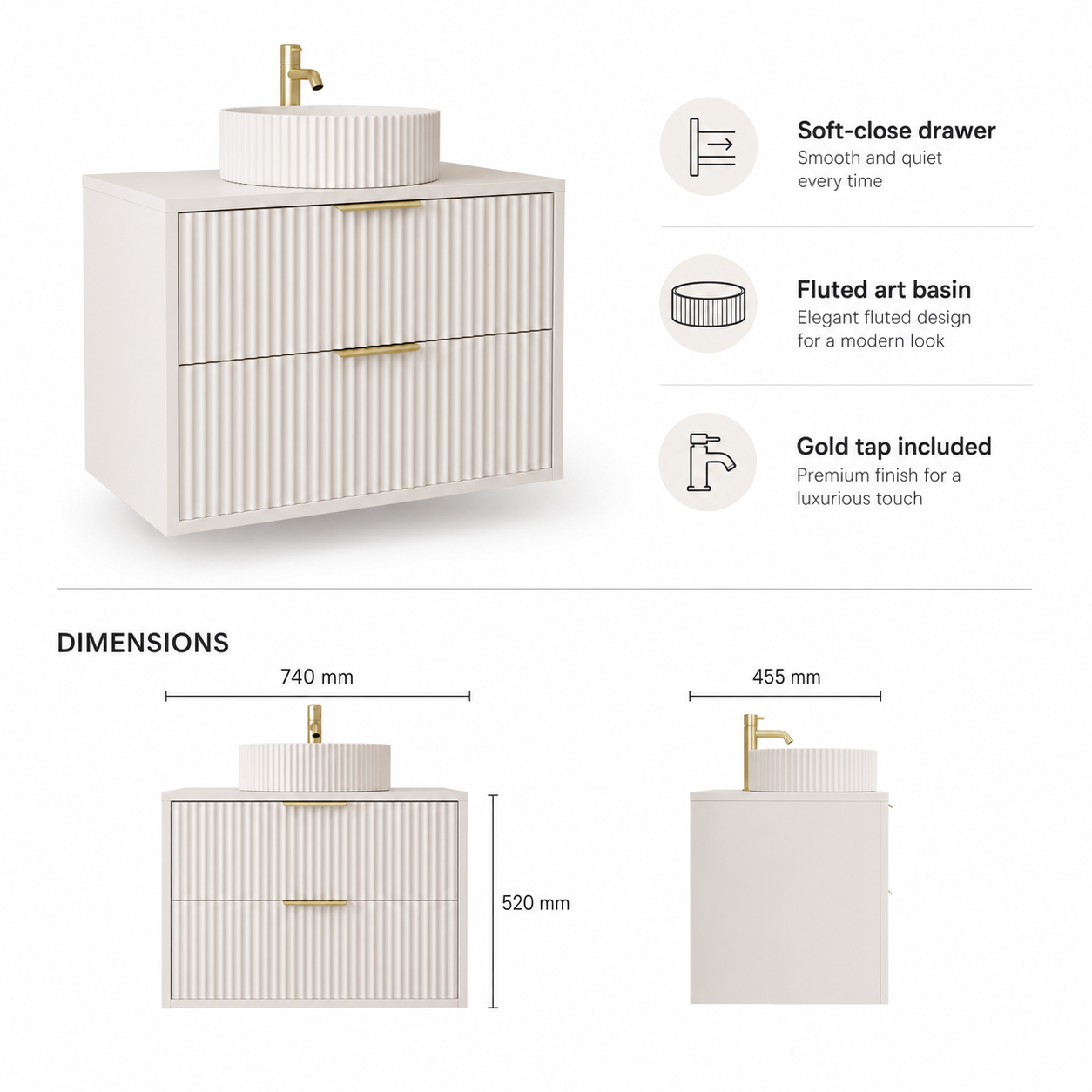 600mm Fluted Wall-Hung Vanity Unit with Worktop, Art Basin & Tap