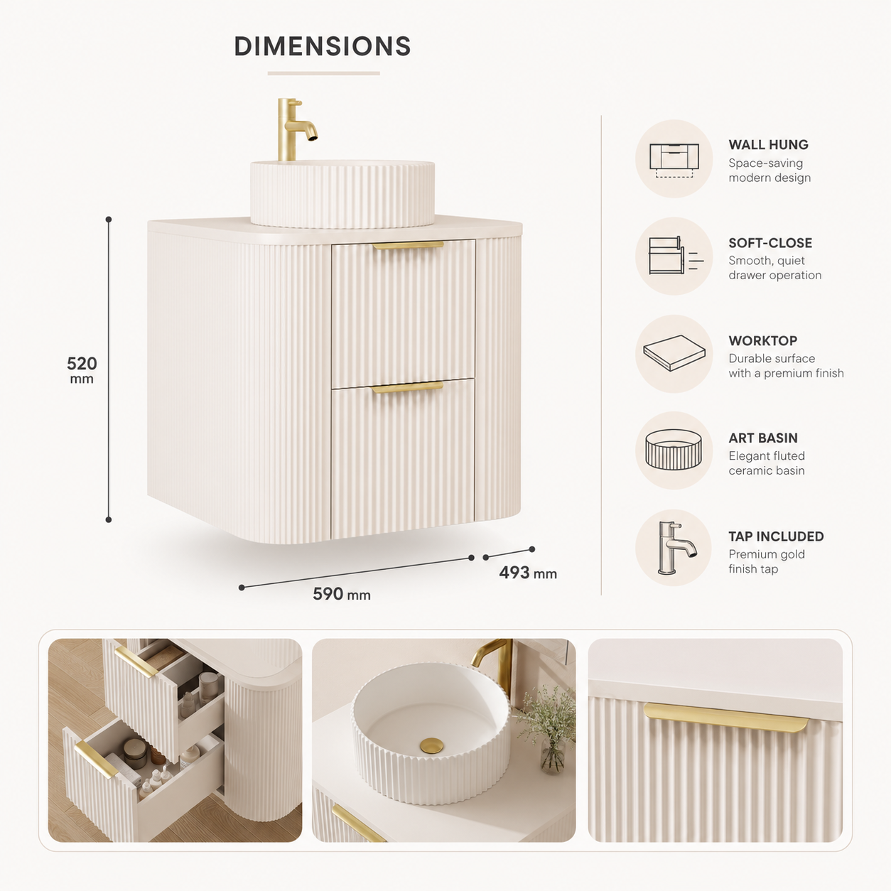 600mm Fluted Wall-Hung Vanity Unit with Worktop, Art Basin & Tap