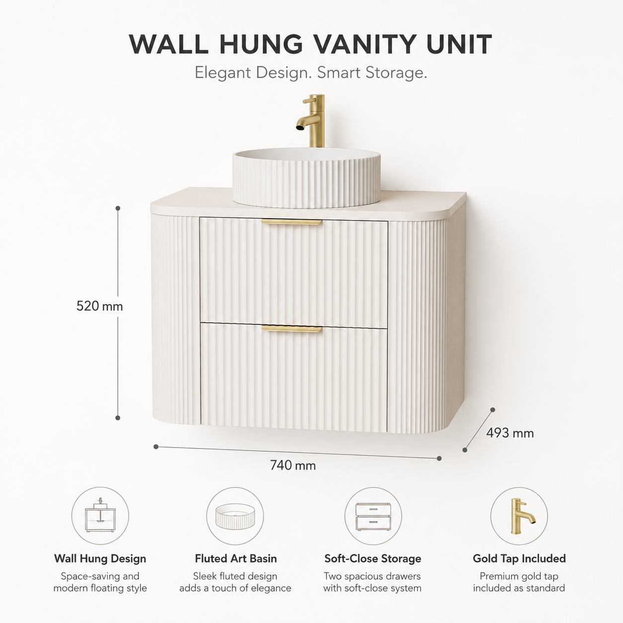 750mm Fluted Wall-Hung Vanity Unit with Worktop, Art Basin & Tap