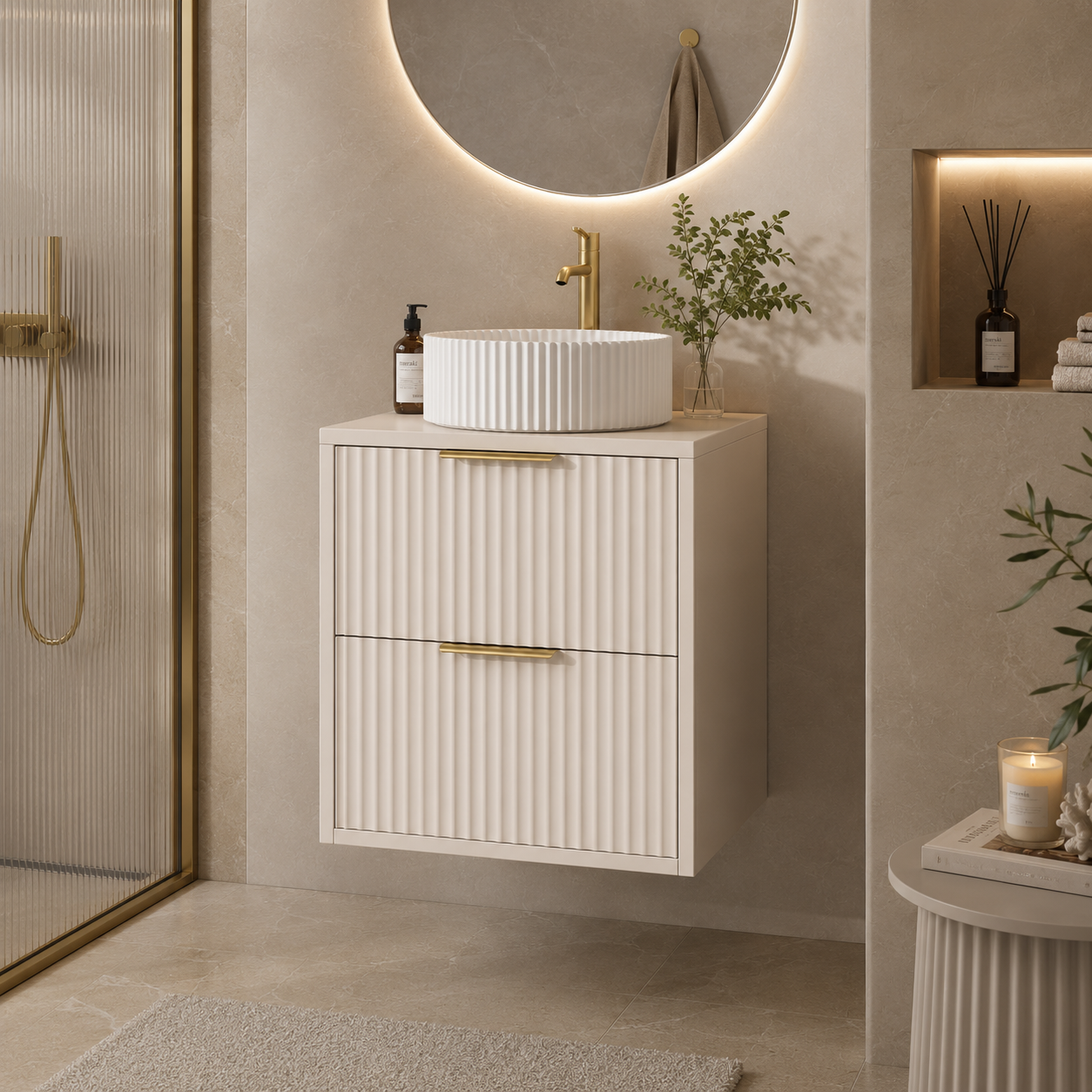 500mm Fluted Wall-Hung Vanity Unit with Worktop, Art Basin & Tap
