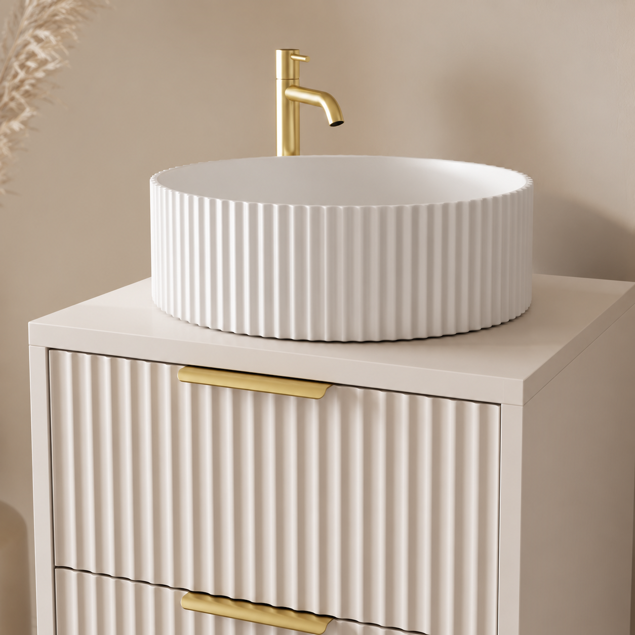 500mm Fluted Wall-Hung Vanity Unit with Worktop, Art Basin & Tap