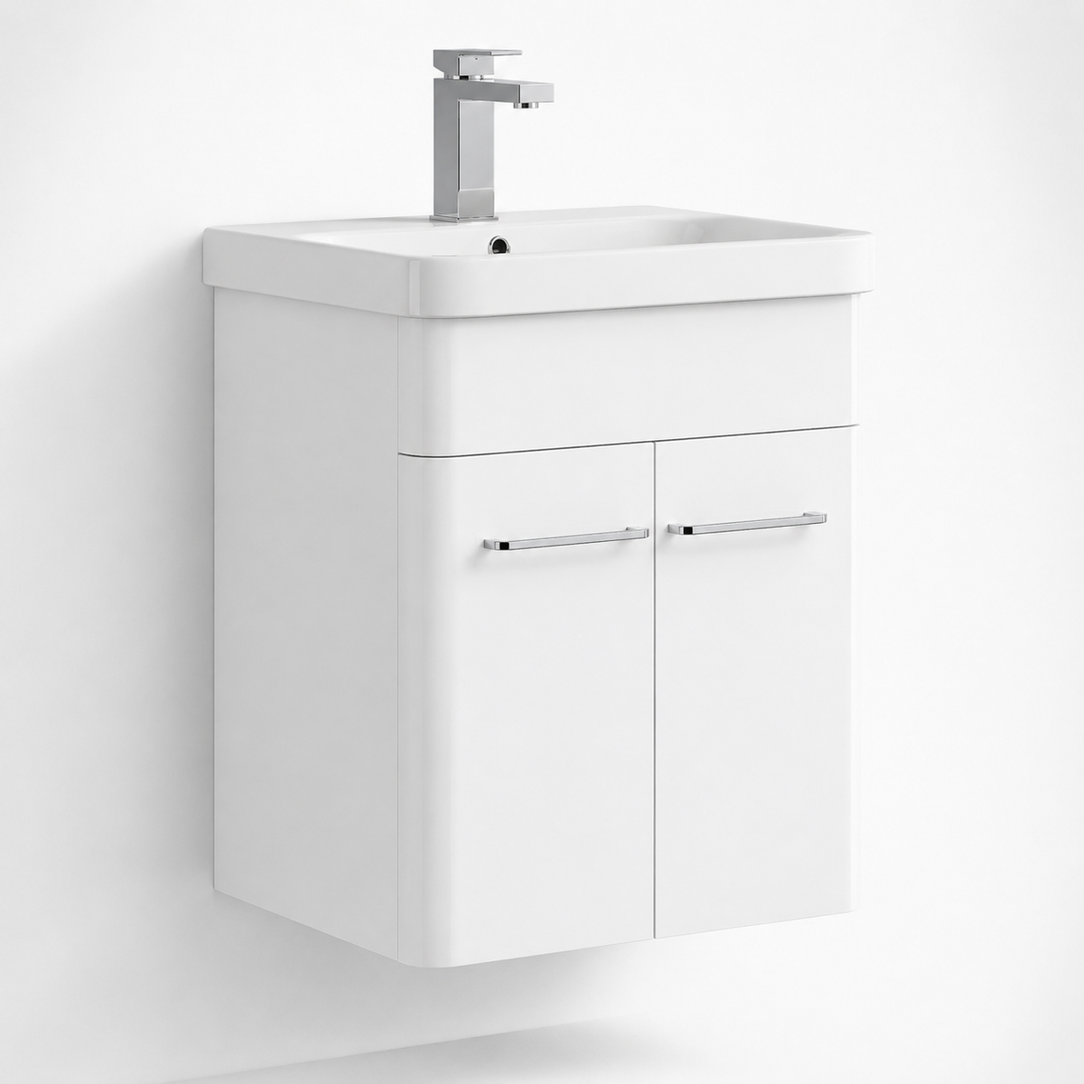 600mm Wall-Hung Vanity Unit with Curved-edge Ceramic Basin in White Gloss