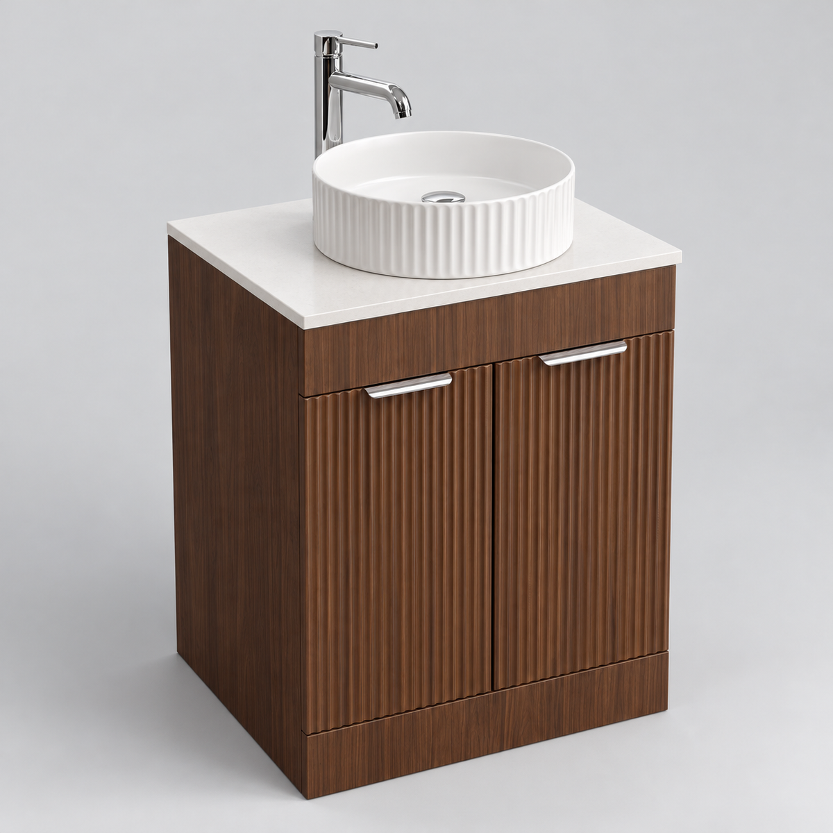 600mm Walnut Fluted Floor Standing Vanity Unit with Basin