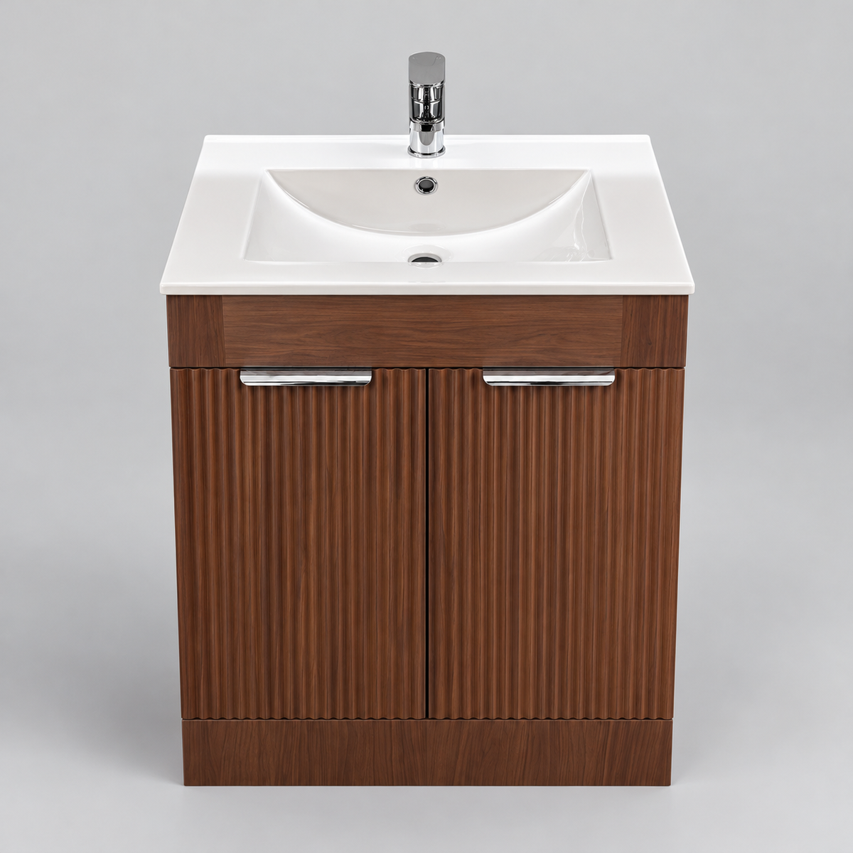 600mm Walnut Fluted Floor Standing Vanity Unit with Basin