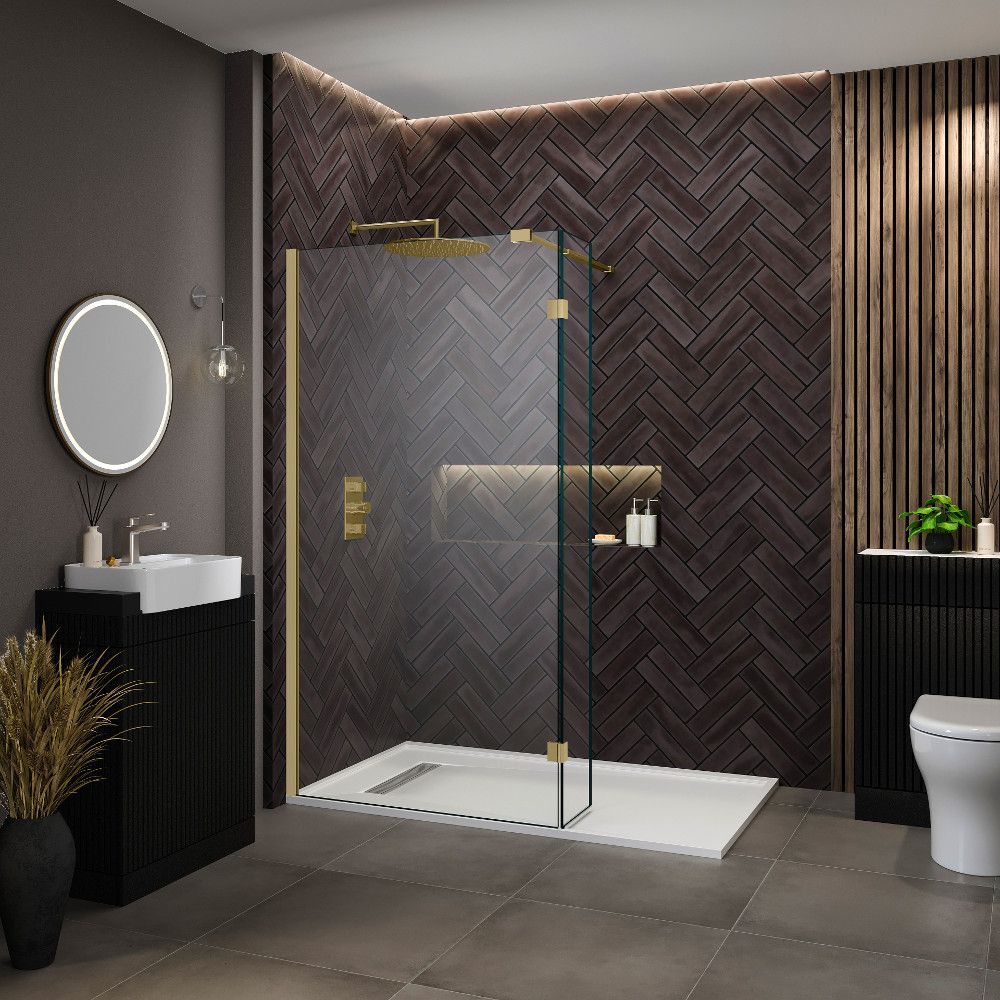 Aqua i 10 Brushed Brass Flipper Panel 300mm x 2000mm High 8 mm Glass