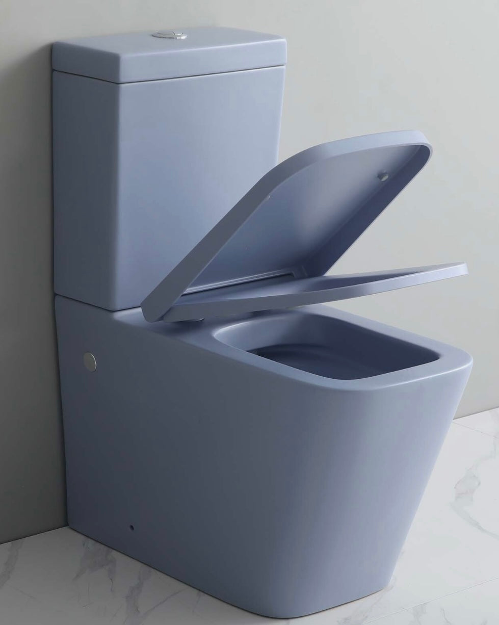 Rimless Blue Matt Closed Coupled WC Toilet Incl. Soft Closing Seat