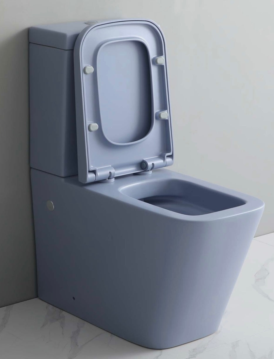 Rimless Blue Matt Closed Coupled WC Toilet Incl. Soft Closing Seat