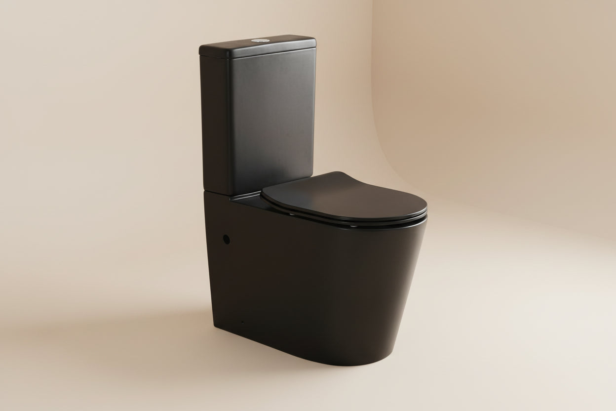 022R Rimless Matt Black Closed Coupled WC Toilet Including Soft Closing Seat