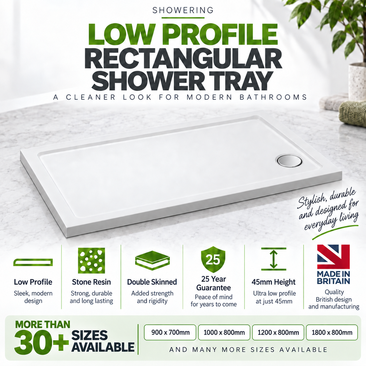 Low Profile Rectangular Shower Tray - White