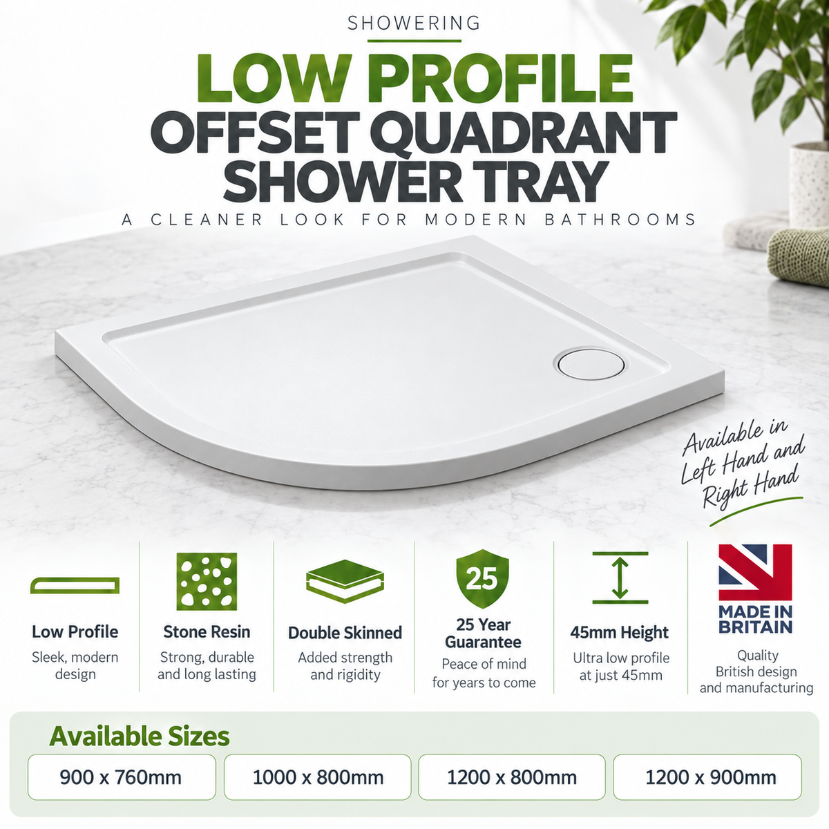 Low Profile Offset Quadrant Shower Tray - White