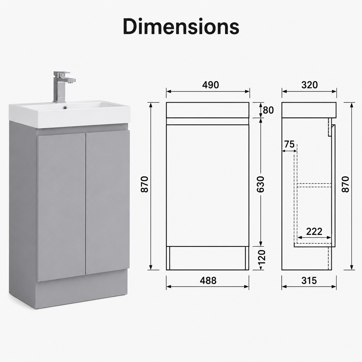 490mm Compact Floor Standing Vanity Unit with Basin
