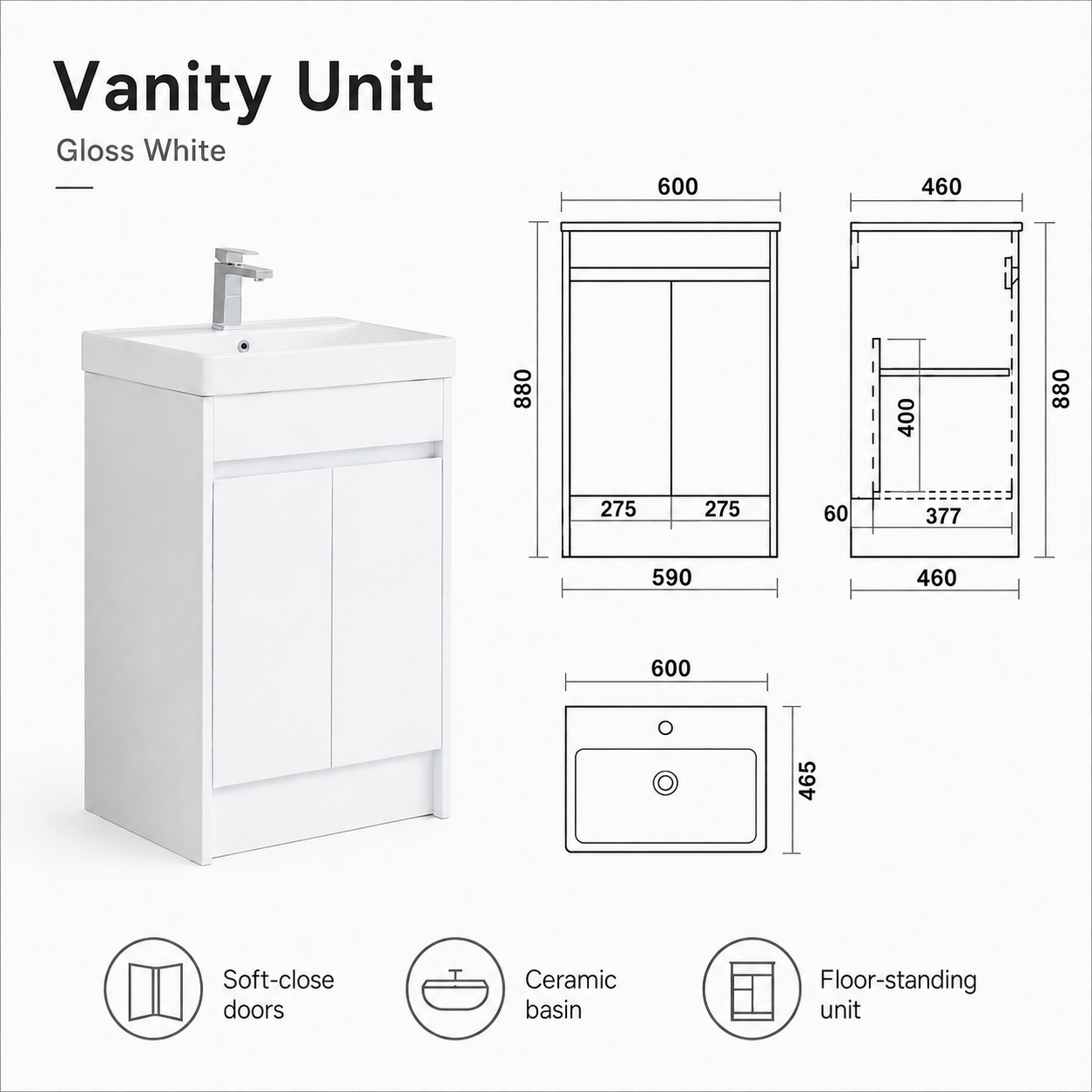600mm Floor Standing Vanity Unit with Basin