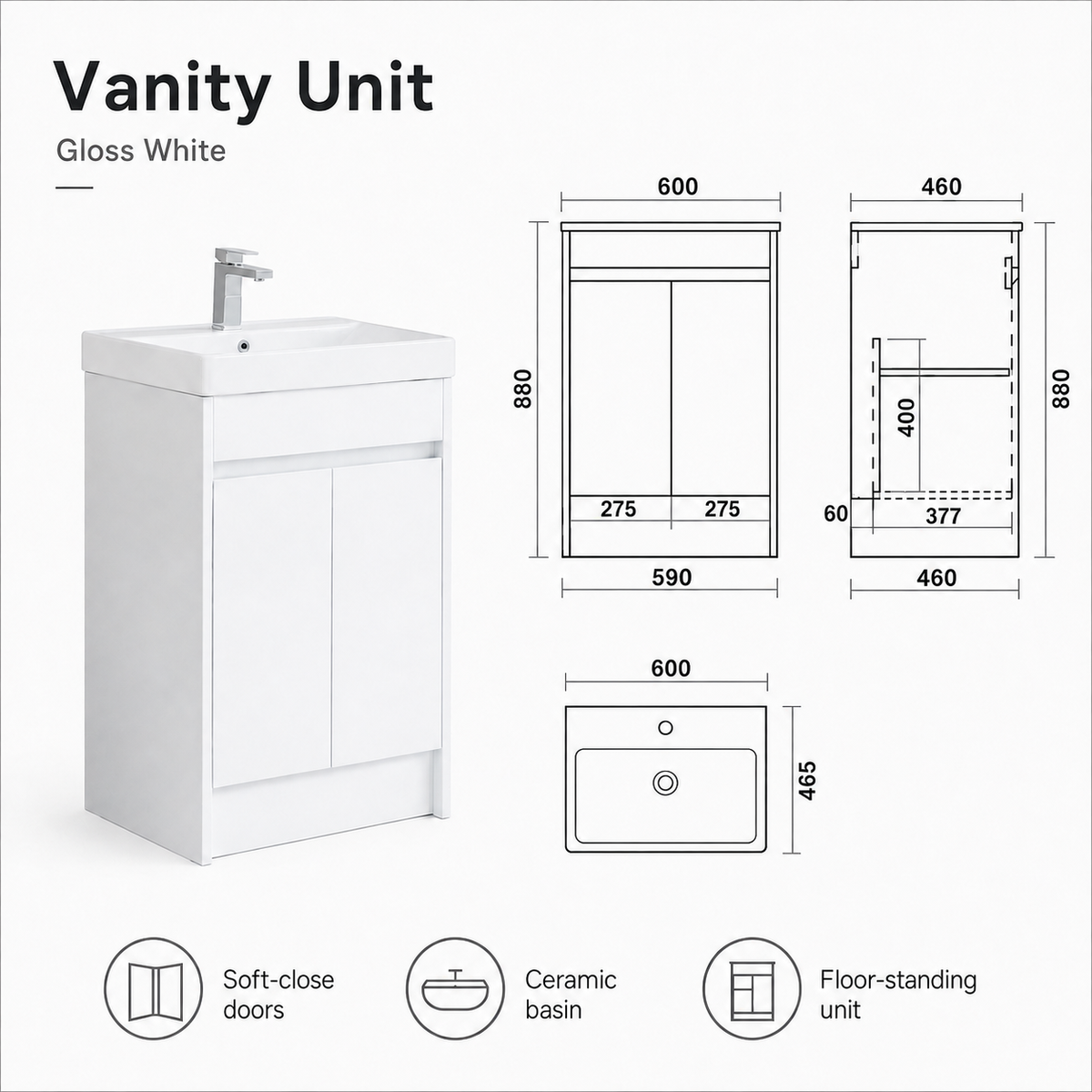 600mm Floor Standing Vanity Unit with Basin