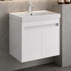 A modern white wall-mounted bathroom vanity with an integrated rectangular sink and a chrome faucet, shown against a gray stone-look wall and floor.