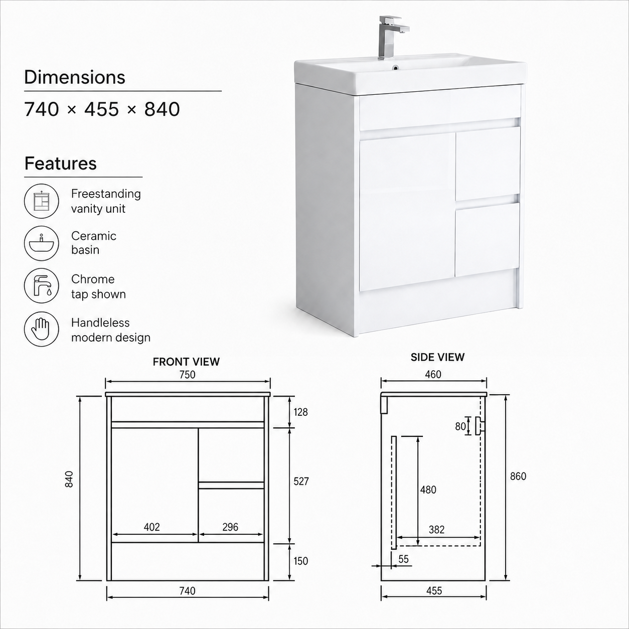 750mm Floor Standing Vanity Unit with Basin and Asymmetric Storage