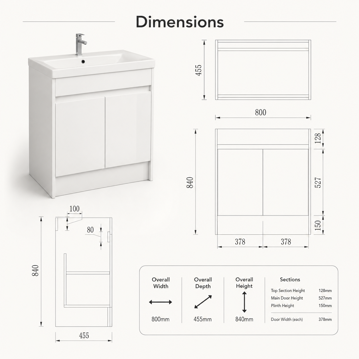 800mm Floor Standing Vanity Unit with Basin