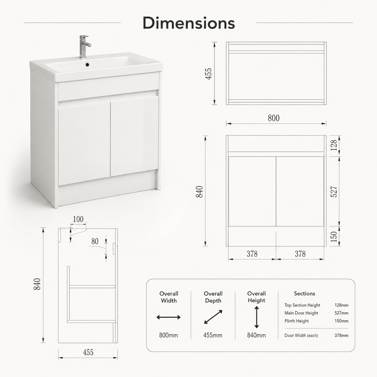 800mm Floor Standing Vanity Unit with Basin