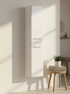 A tall, narrow white wall-mounted cabinet with two doors and slim silver handles, shown in a minimalist interior setting with a small wooden stool and potted plant nearby.