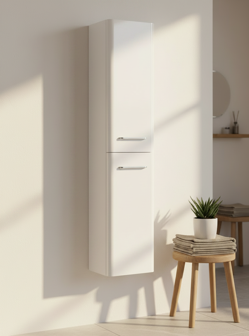 A tall, narrow white wall-mounted cabinet with two doors and slim silver handles, shown in a minimalist interior setting with a small wooden stool and potted plant nearby.