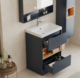 SET OF 2 600 Vanity with Basin & Tall Boy  Navy Blue Wall Hung Storage