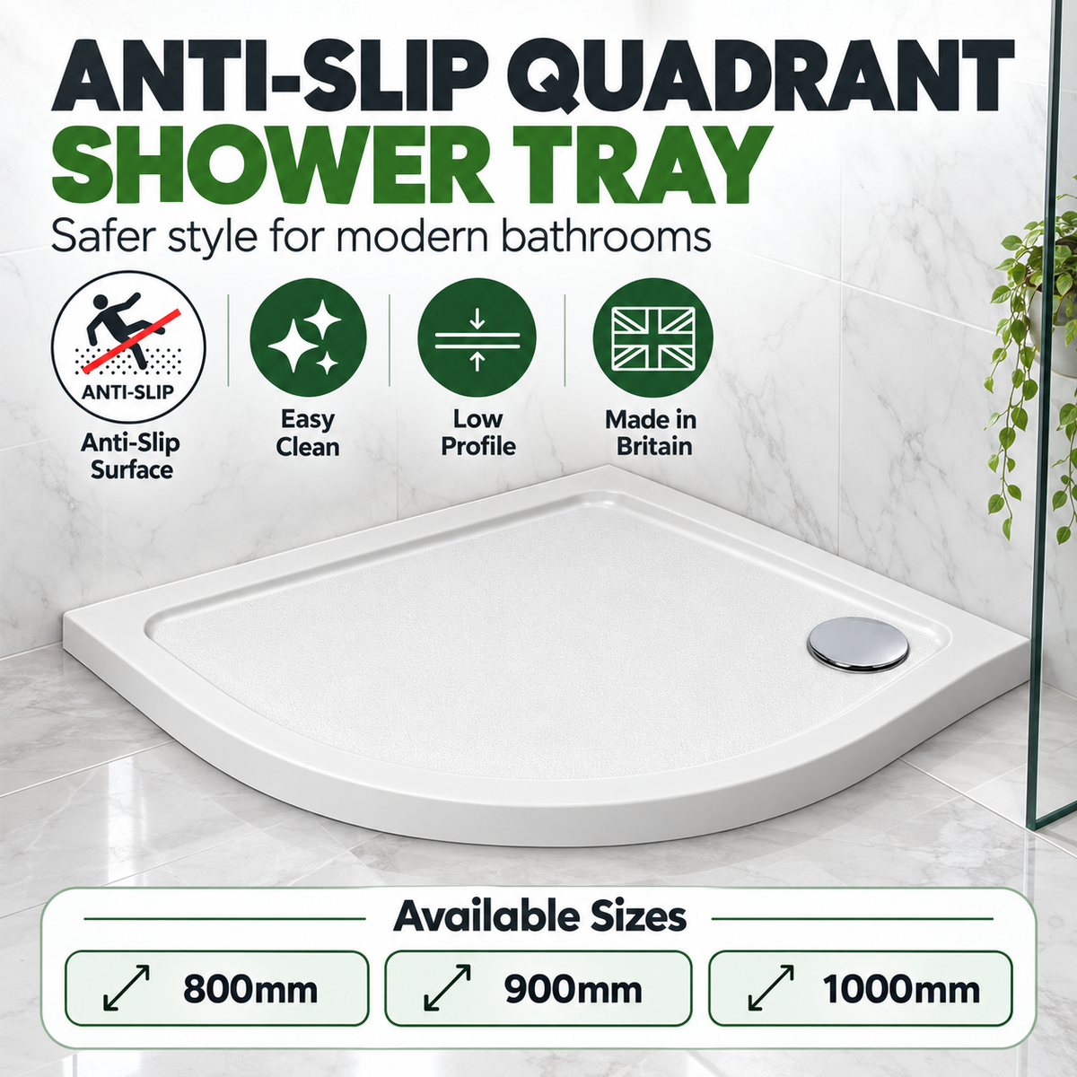 Anti-Slip Quadrant Shower Tray - White