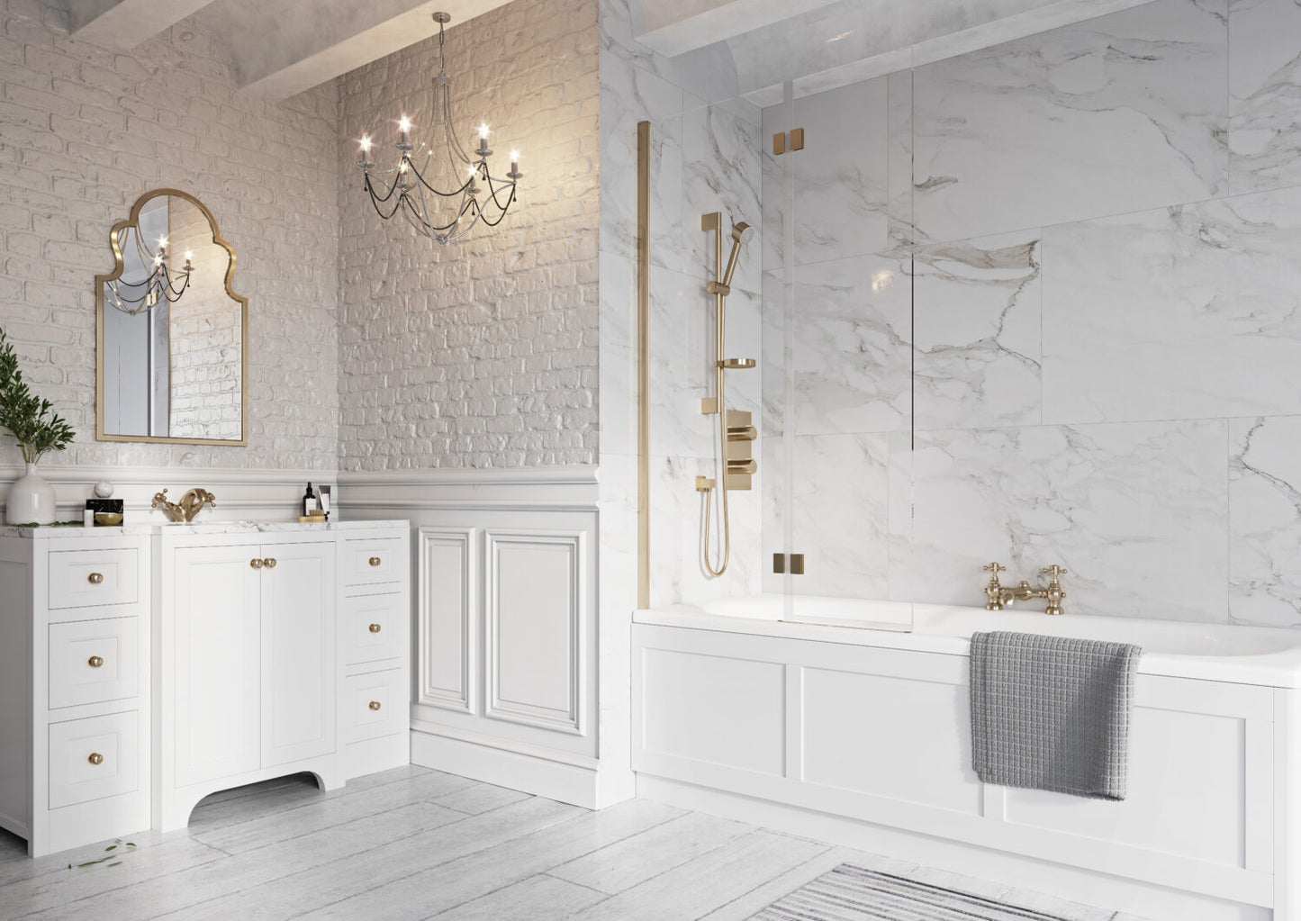 Thalia Inward Opening Brushed Brass Bath Screen W900mm x H1500mm
