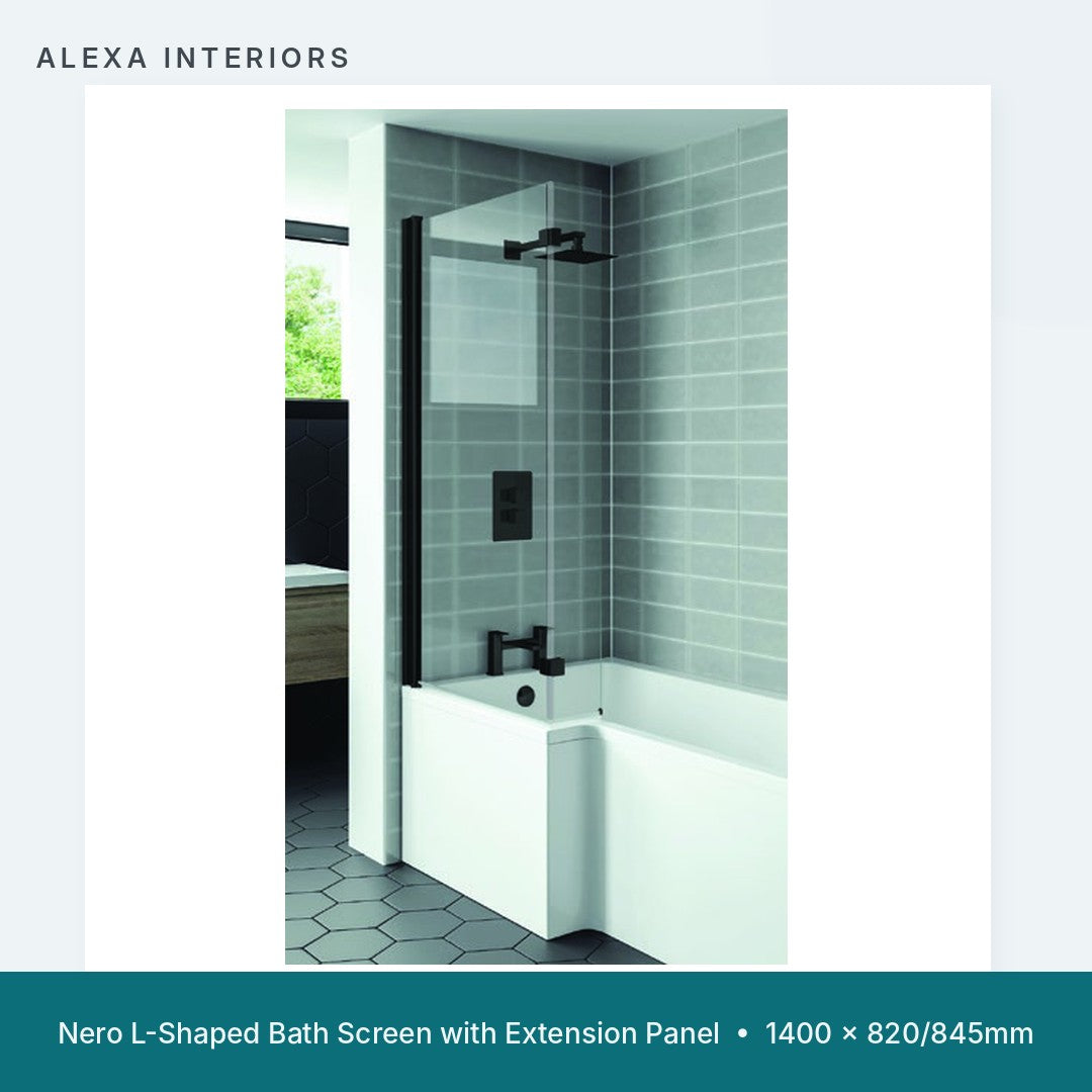 Alexa Nero L-Shaped Bath Screen with Extension Panel - Matt Black