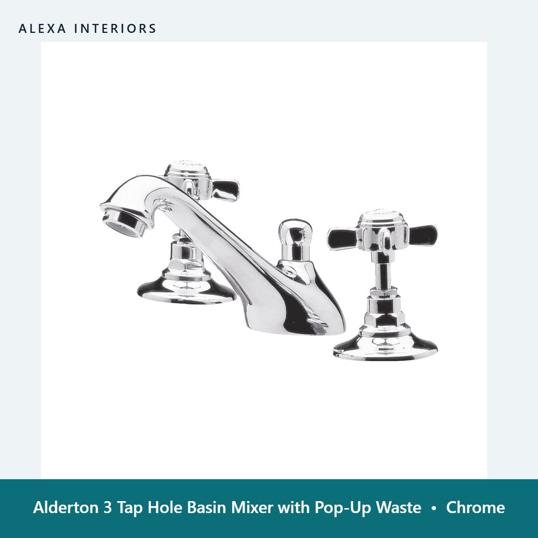 Alderton 3 Tap Hole Basin Mixer with Pop-Up Waste in Chrome