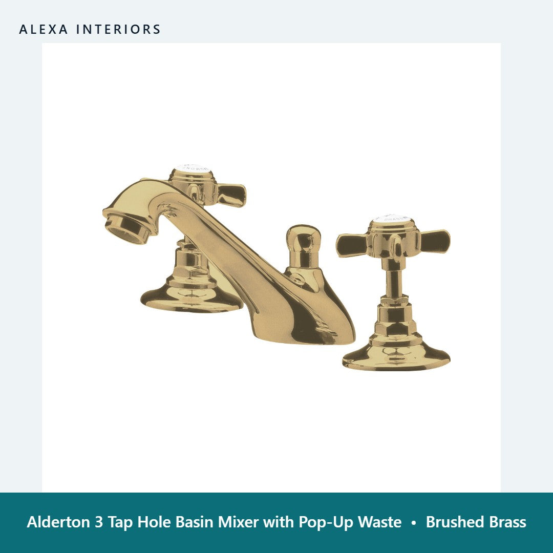 Alderton 3 Tap Hole Basin Mixer with Pop-Up Waste in Brushed Brass