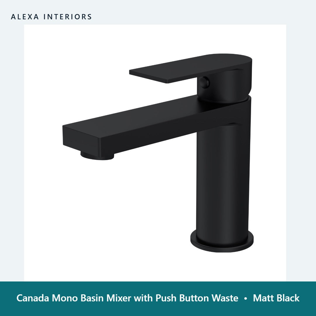 Canada Mono Basin Mixer with Push Button Waste in Matt Black