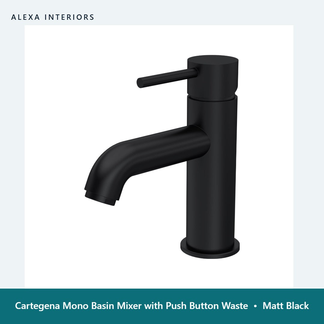 Cartegena Mono Basin Mixer with Push Button Waste in Matt Black