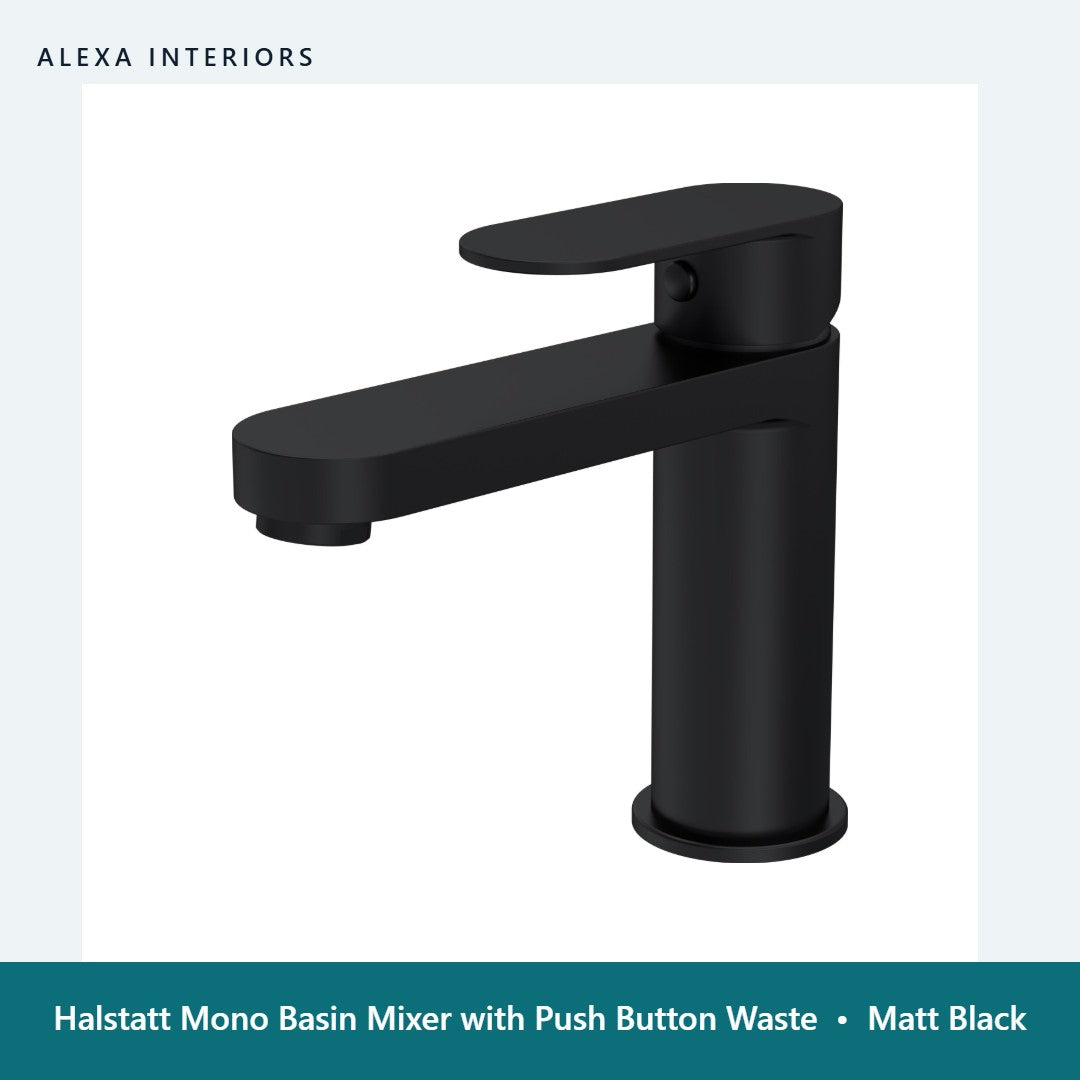 Halstatt Mono Basin Mixer with Push Button Waste in Matt Black