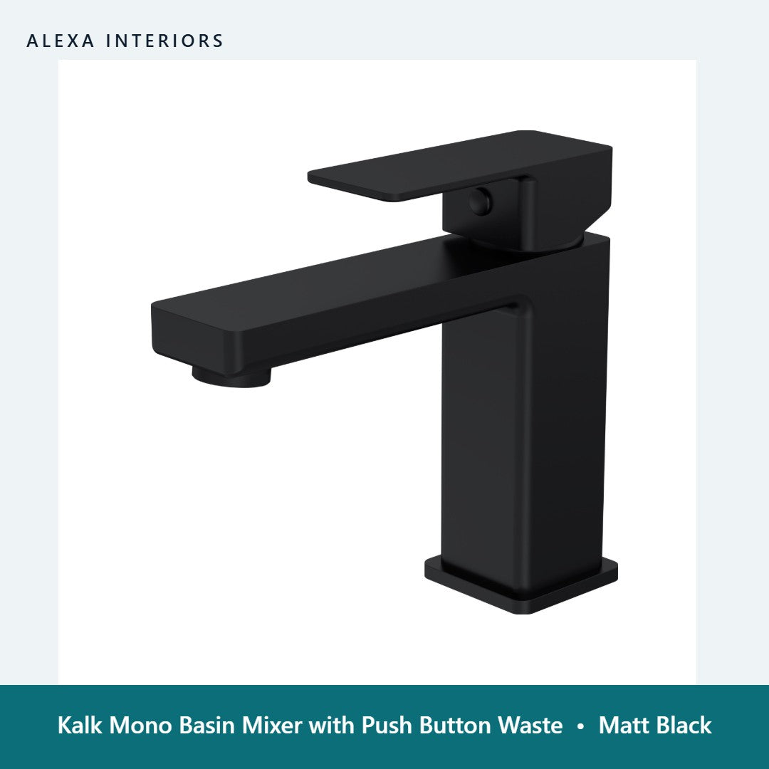 Kalk Mono Basin Mixer with Push Button Waste in Matt Black