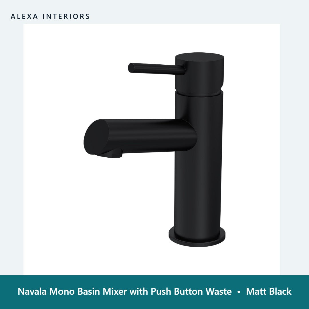 Navala Mono Basin Mixer with Push Button Waste in Matt Black