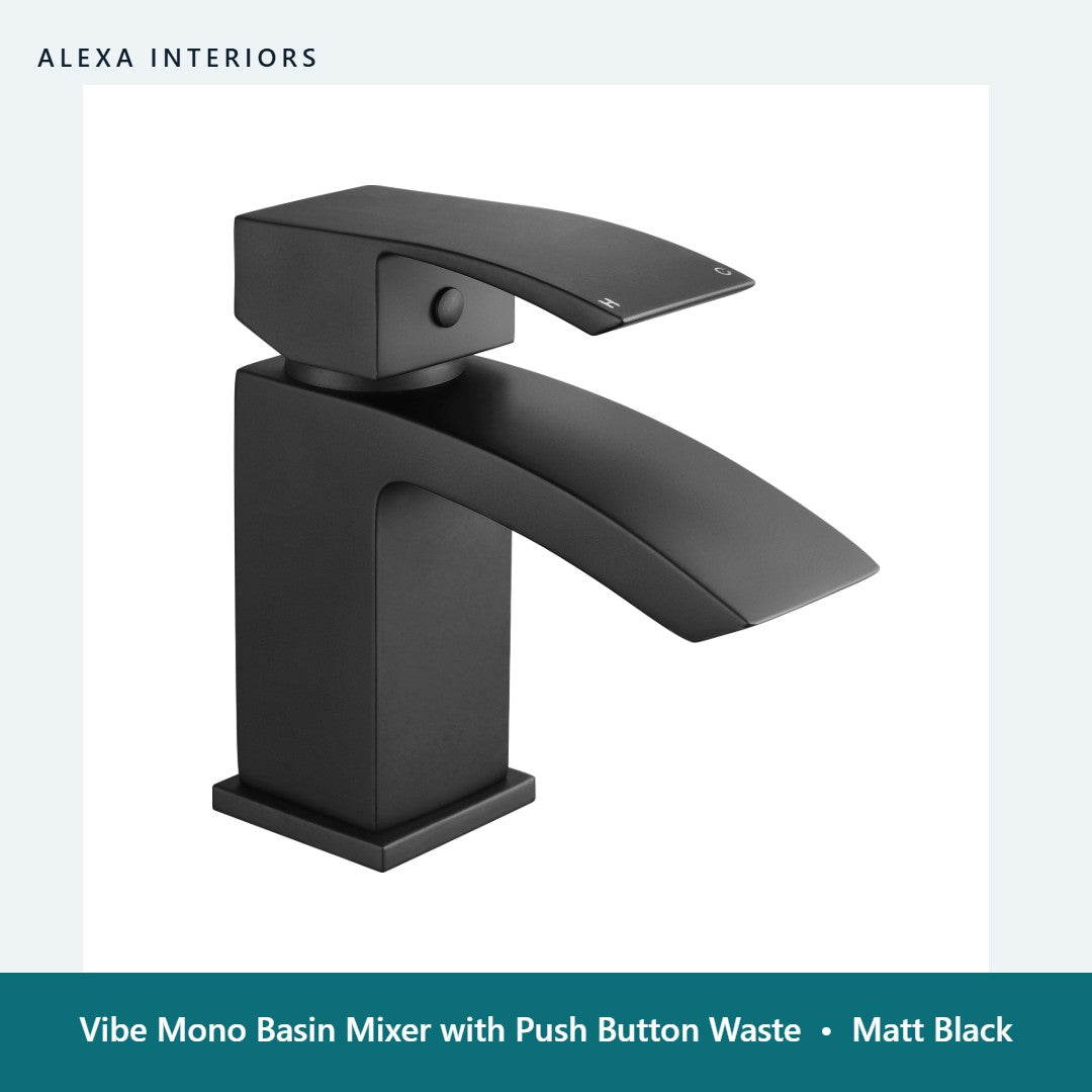 Vibe Mono Basin Mixer with Push Button Waste in Matt Black