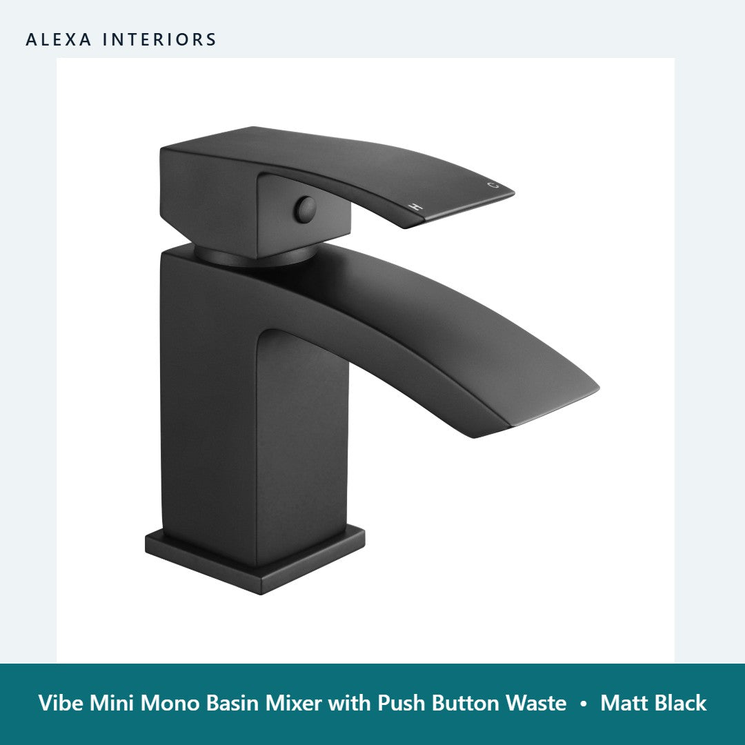 Vibe Mini Mono Basin Mixer with Push Button Waste in Matt Black