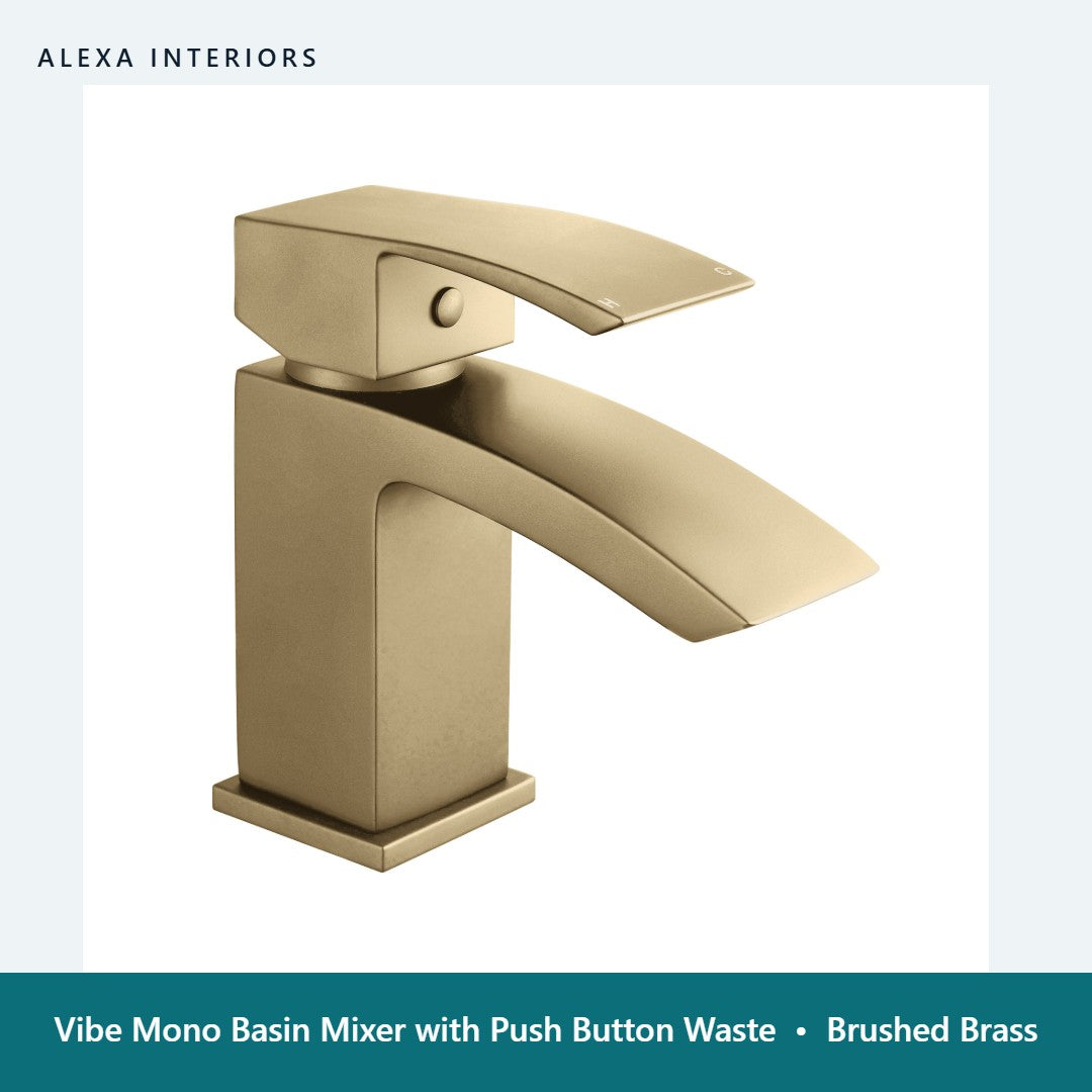 Vibe Mono Basin Mixer with Push Button Waste in Brushed Brass