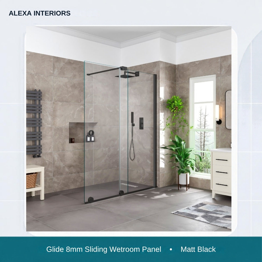 Alexa Glide 8mm Sliding Wetroom Panel - Matt Black