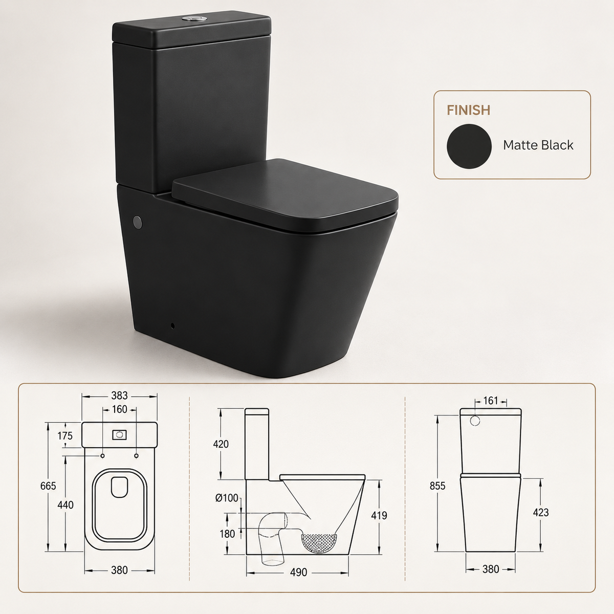 Close Coupled Soft Close Seat Square Rimless Toilet