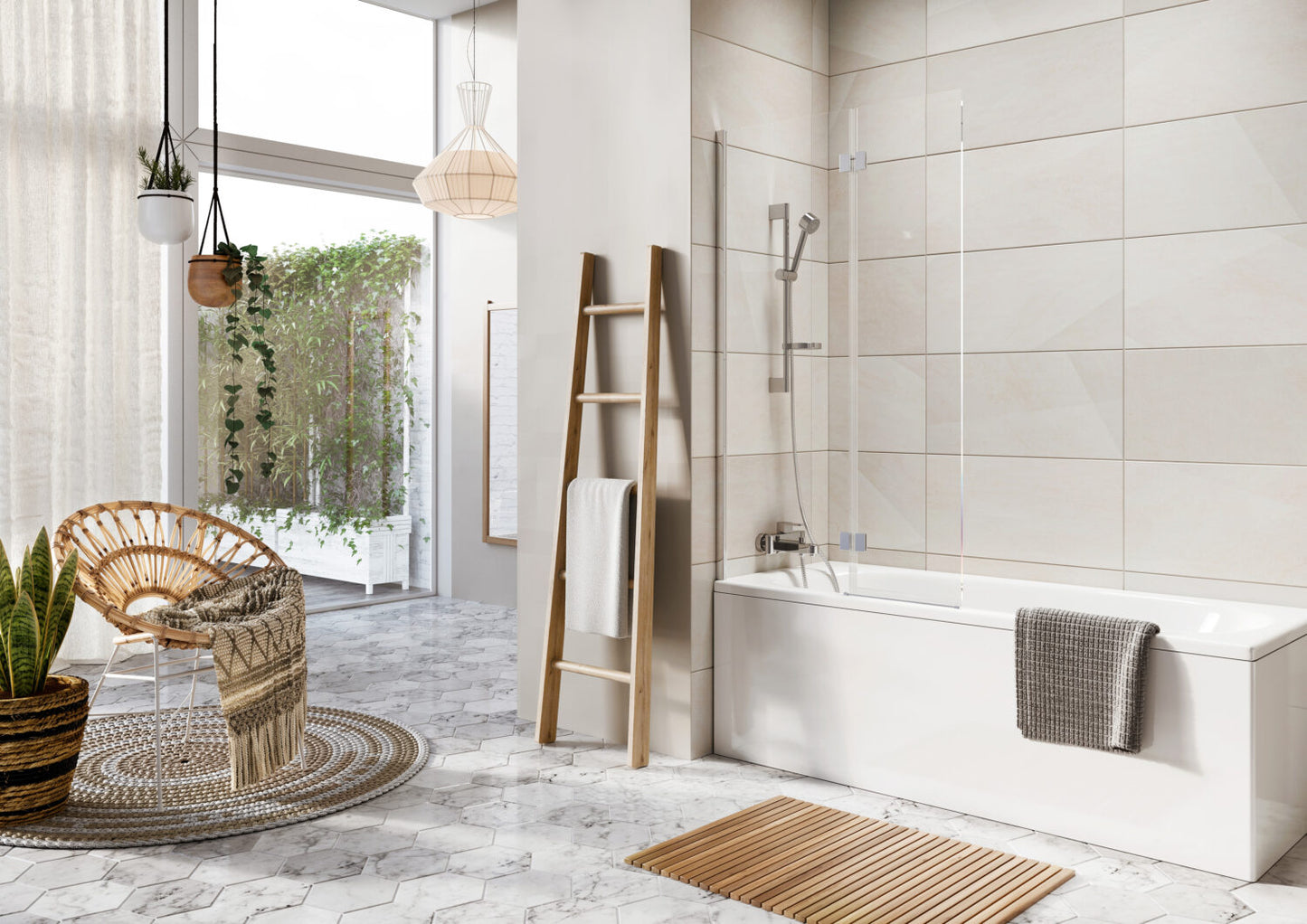 Thalia Inward Opening Brushed Brass Bath Screen W900mm x H1500mm
