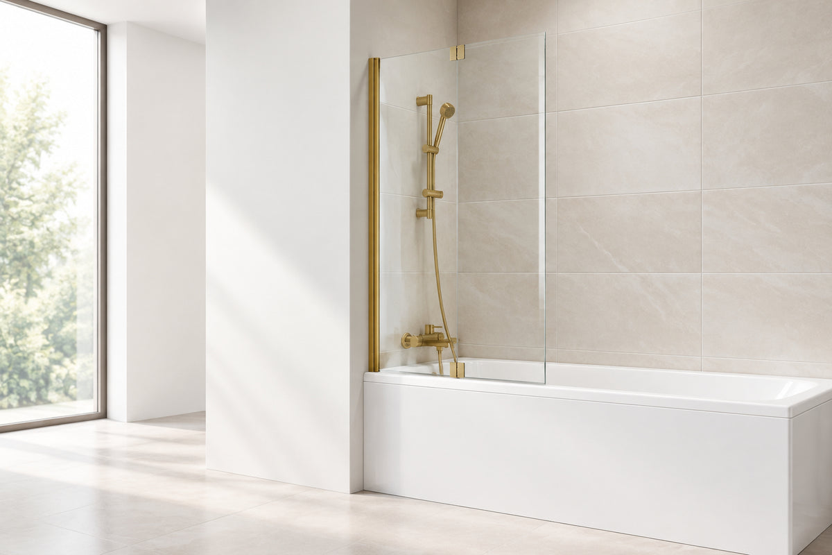 Thalia Outward Opening Brushed Brass Bath Screen W900mm x H1500mm