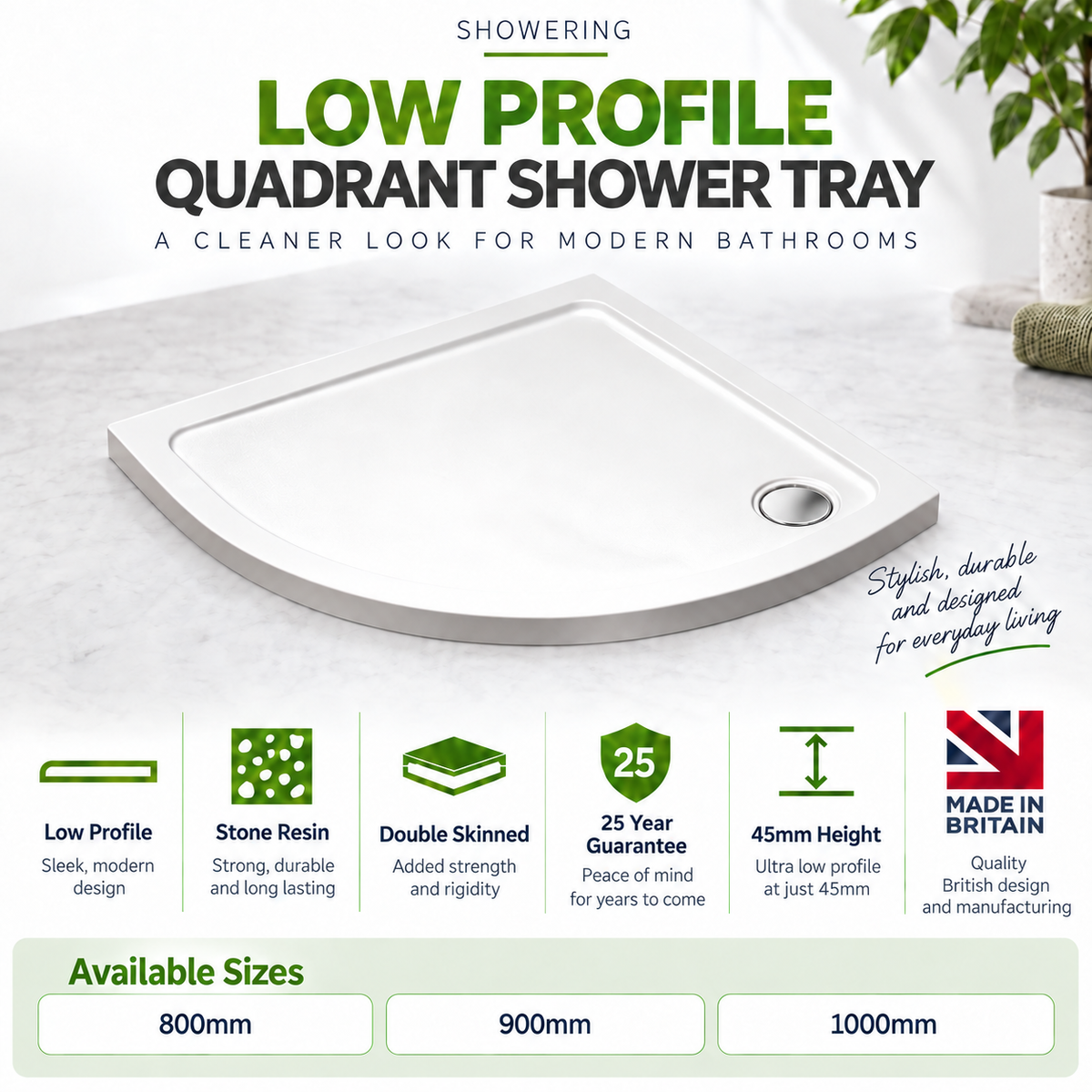 Low Profile Quadrant Shower Tray - White