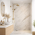 SolidStyle Balmoral white marble effect waterproof wall panel in a bathroom shower with brushed brass fittings