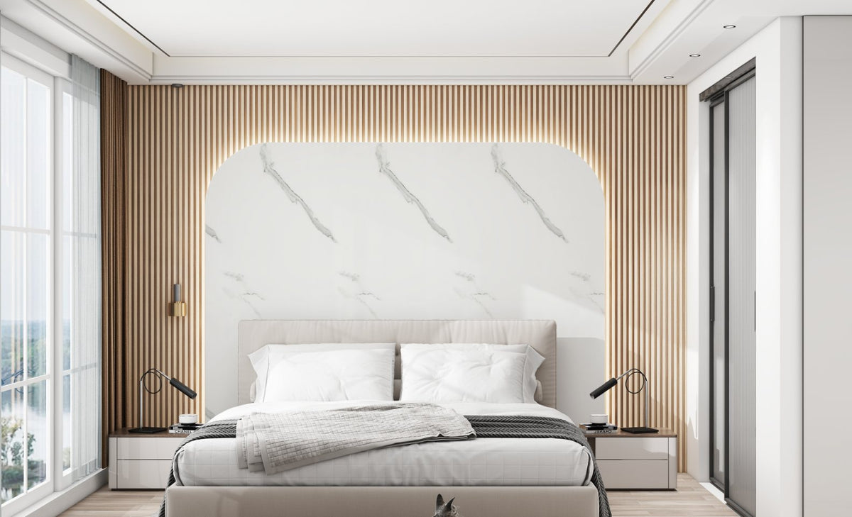 SolidStyle Carrera white marble effect waterproof wall panel as a bedroom headboard feature wall