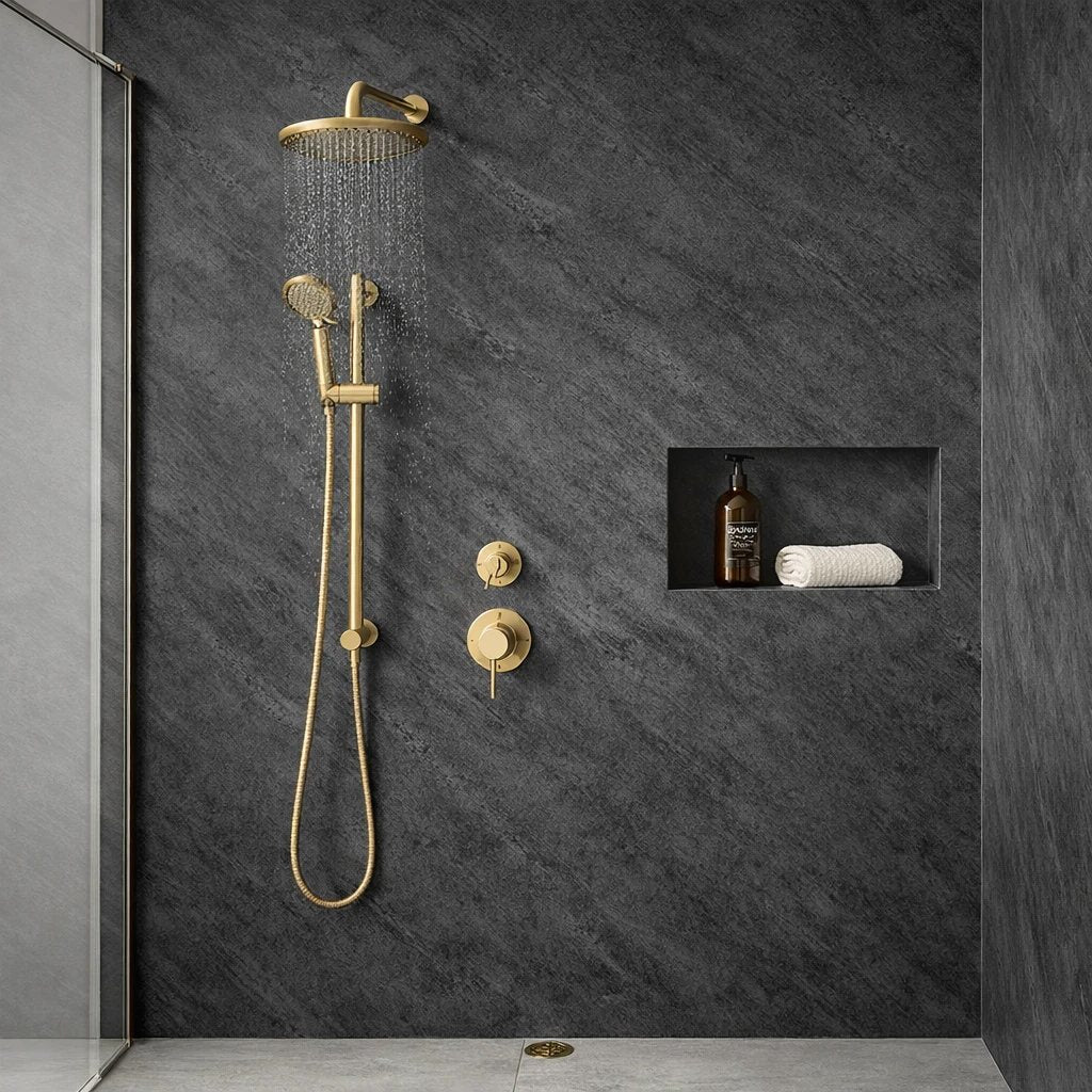 SolidStyle Concrete Grey concrete effect waterproof wall panel in a shower with recessed niche