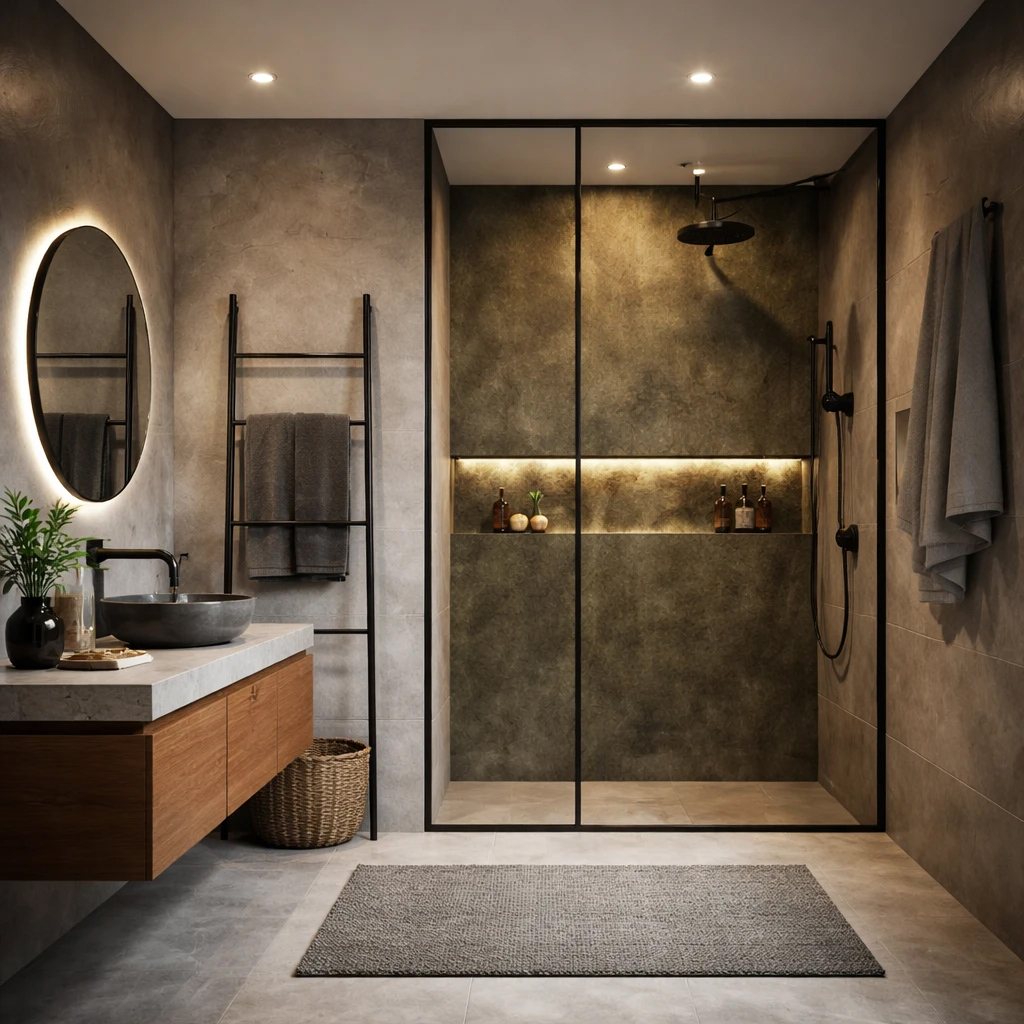 SolidStyle Dumfries bronze stone effect waterproof wall panel in a walk-in shower with black framed glass