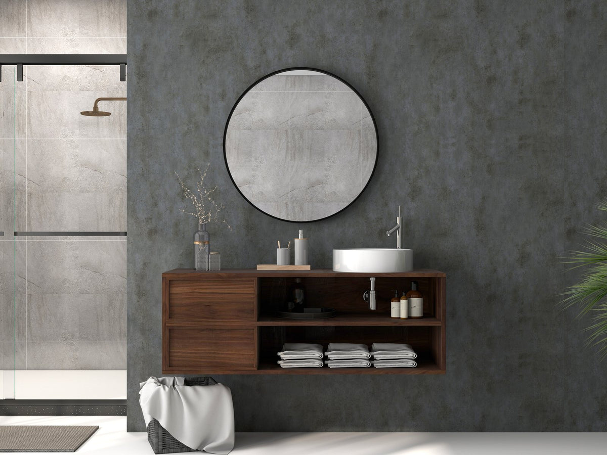 SolidStyle Edinburgh blue-grey stone effect waterproof wall panel behind a bathroom washbasin