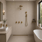 SolidStyle Elgin taupe stone effect waterproof wall panel in a bathroom with freestanding bath